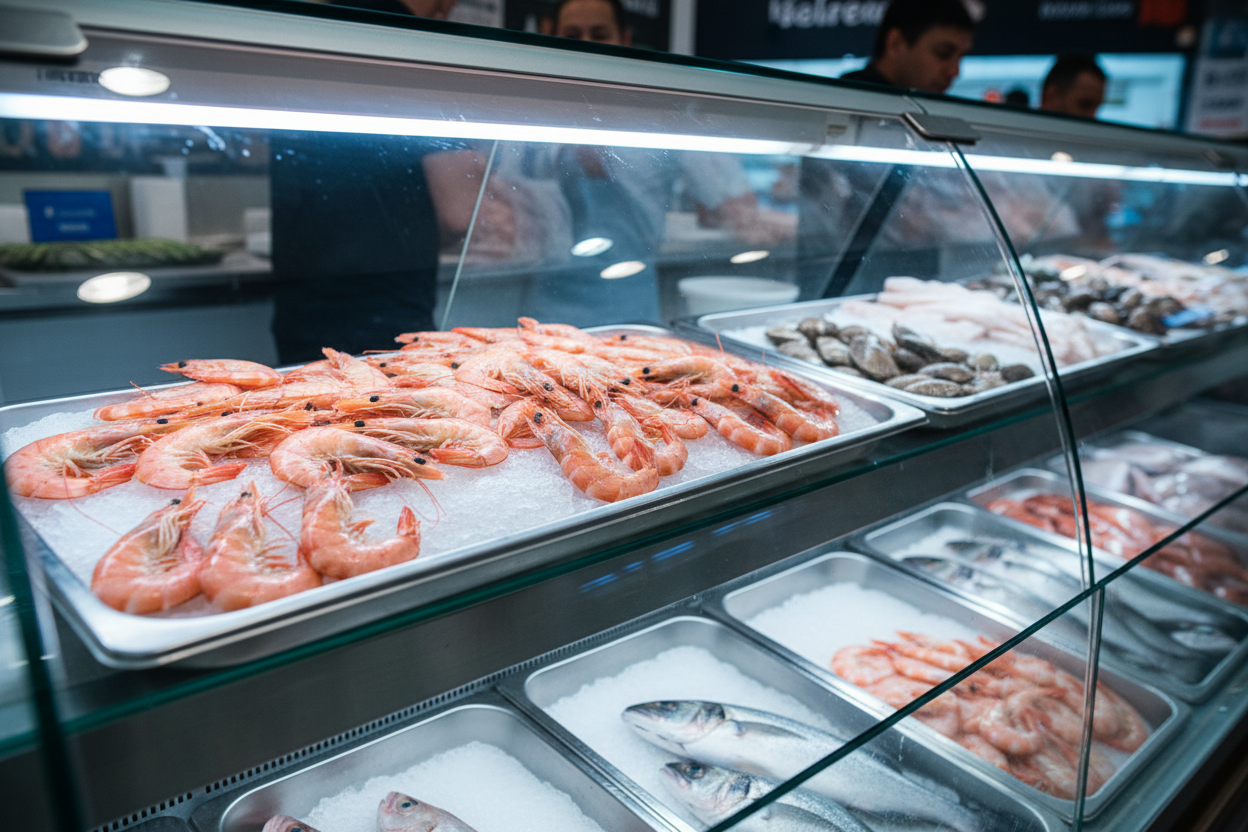 camarones pelados medianos puestos en un vitrina para vender