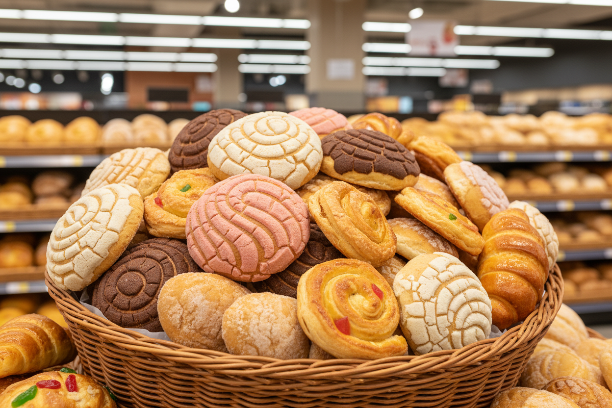 canasta de pan dulce variado en supermercado