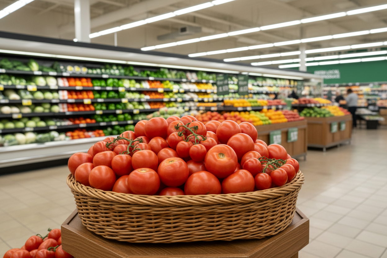 canasta de tomates en un supermercado