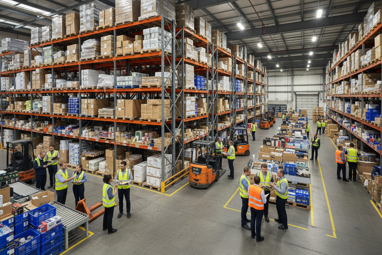 creame una imagen de una bodega de muchos productos y personas discutiendo